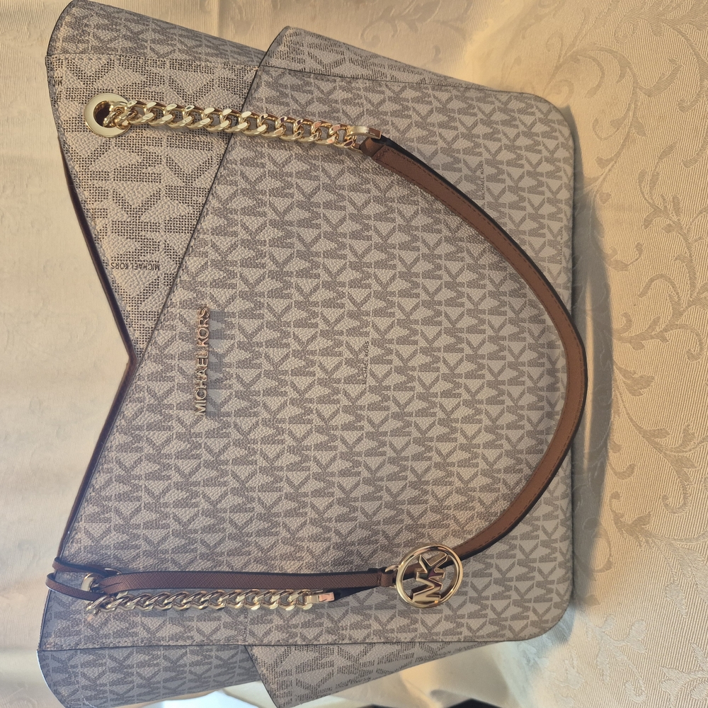 Michael Kors Cream and Brown Tote Bag with Signature Monogram